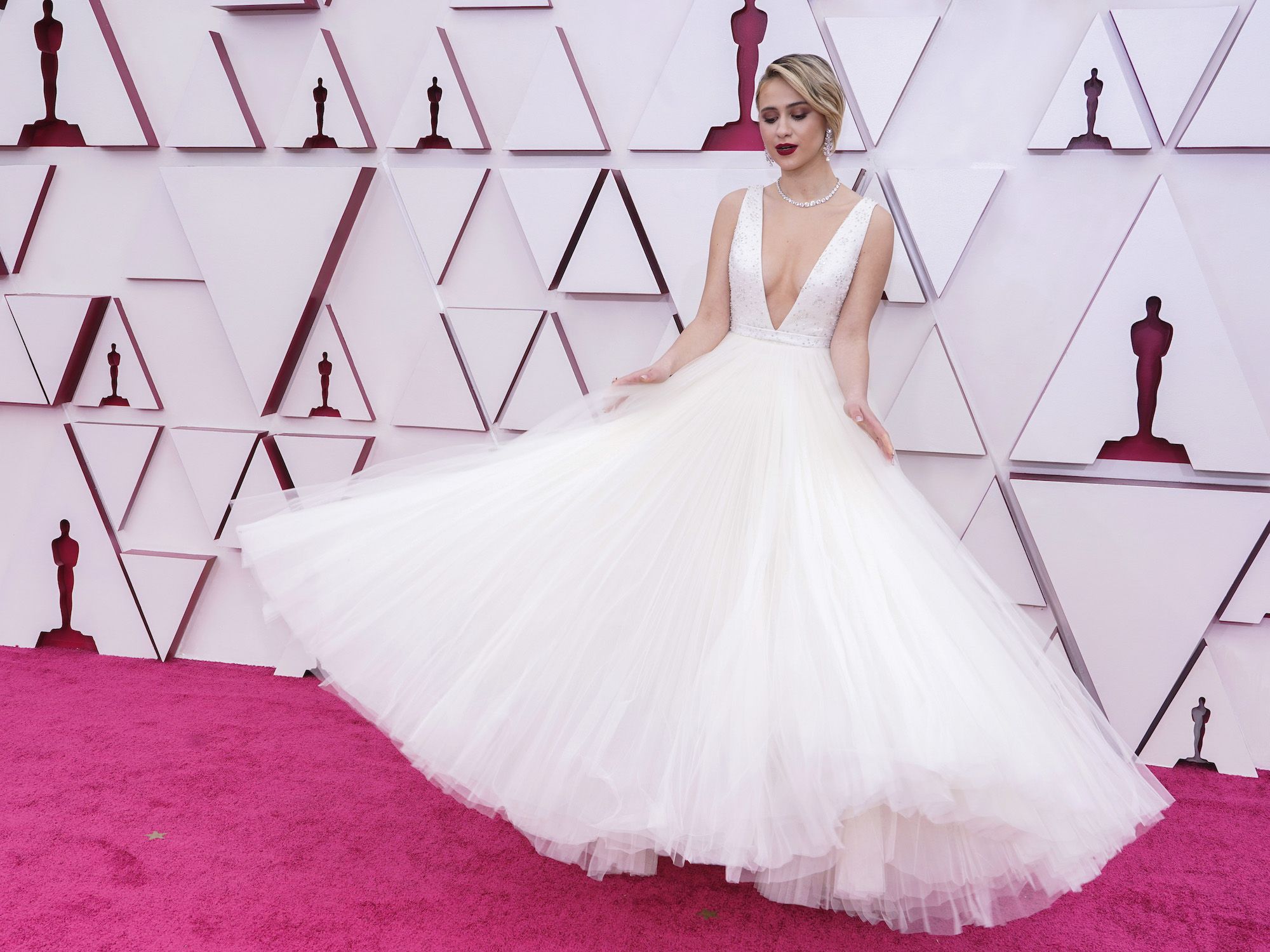 Maria Bakalova arrives at the Oscars on Sunday, April 25, 2021, at Union Station in Los Angeles. (AP Photo/Chris Pizzello, Pool)