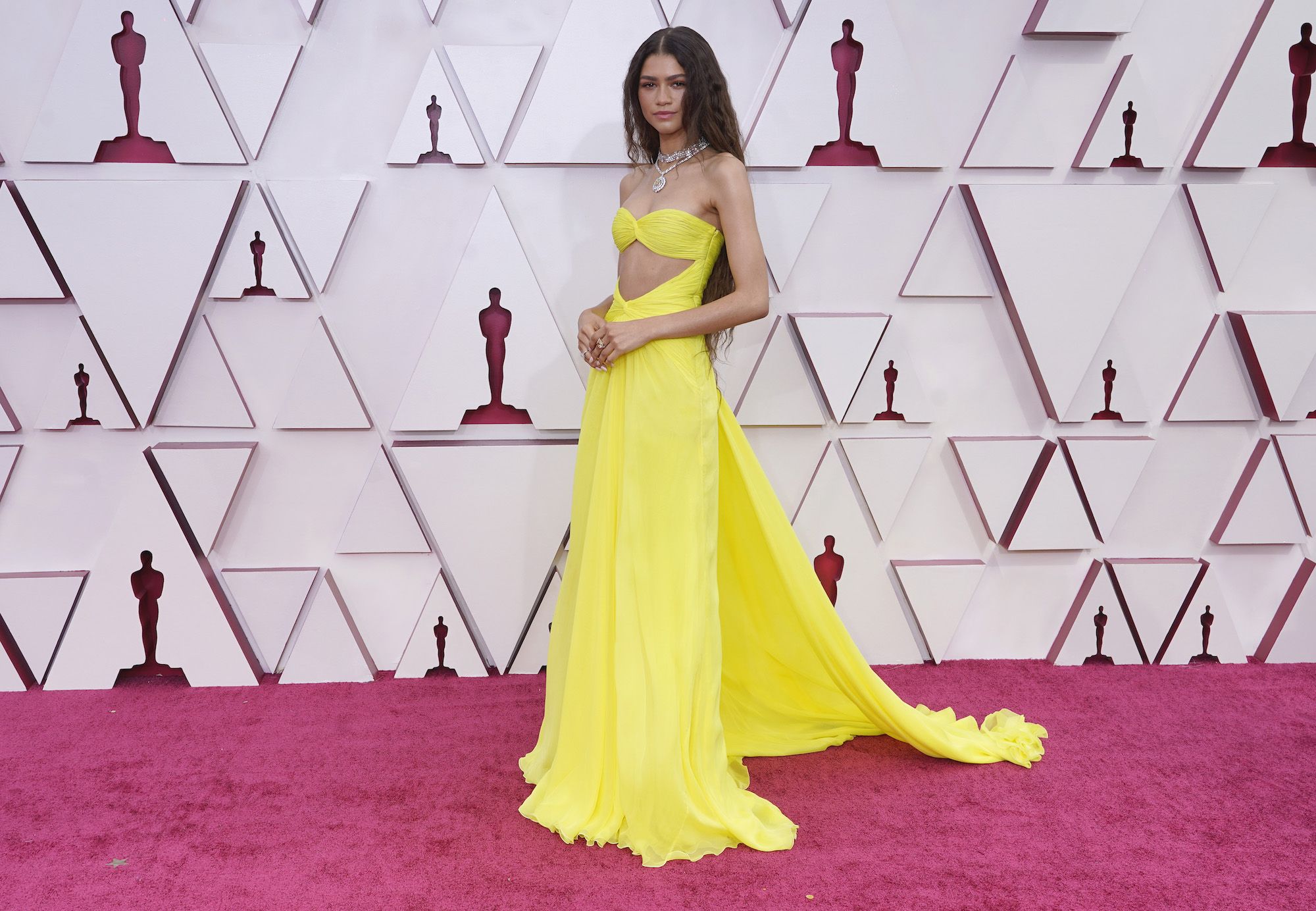 Zendaya arrives at the Oscars on Sunday, April 25, 2021, at Union Station in Los Angeles. (AP Photo/Chris Pizzello, Pool)