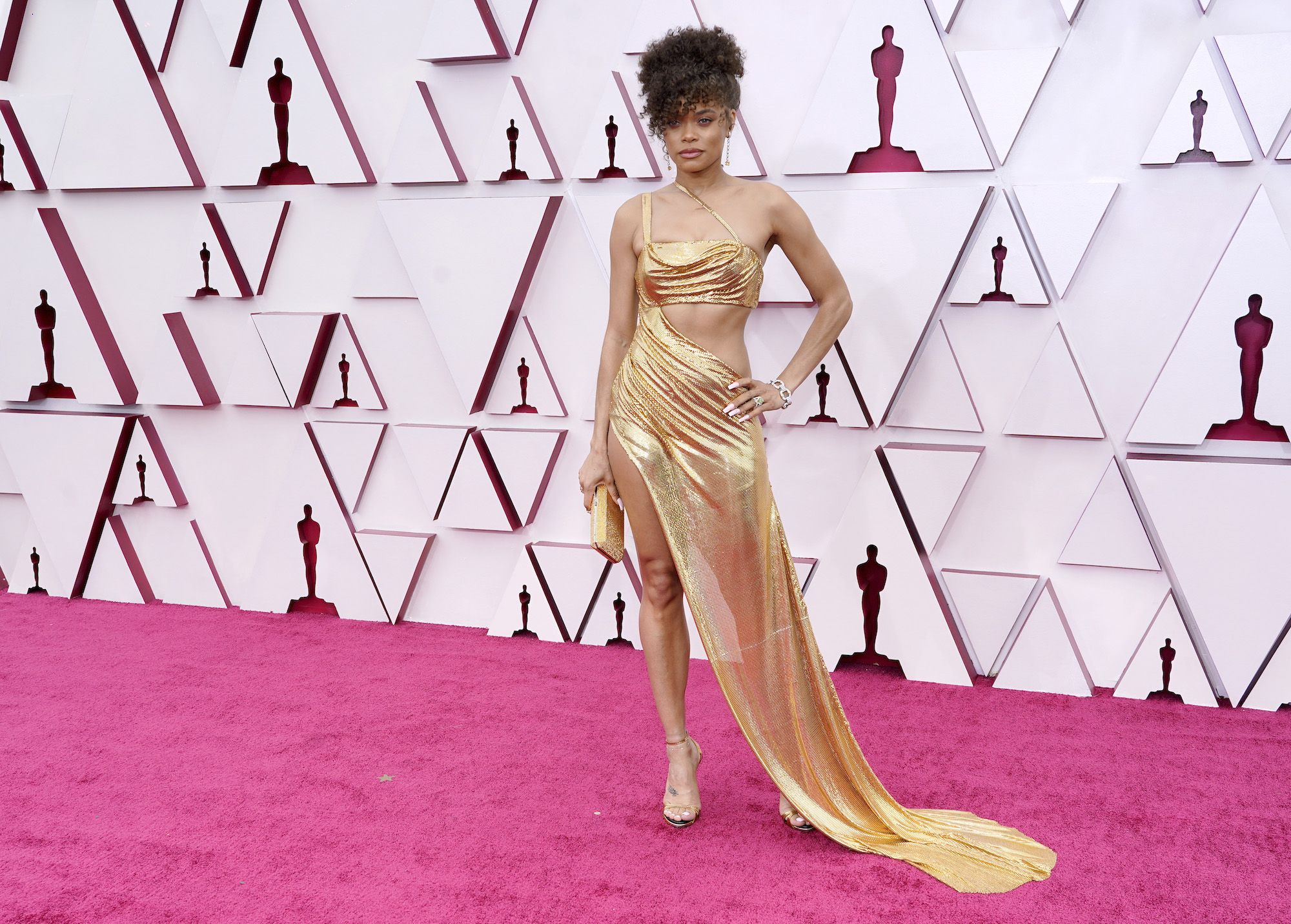 Andra Day arrives at the Oscars on Sunday, April 25, 2021, at Union Station in Los Angeles. (AP Photo/Chris Pizzello, Pool)