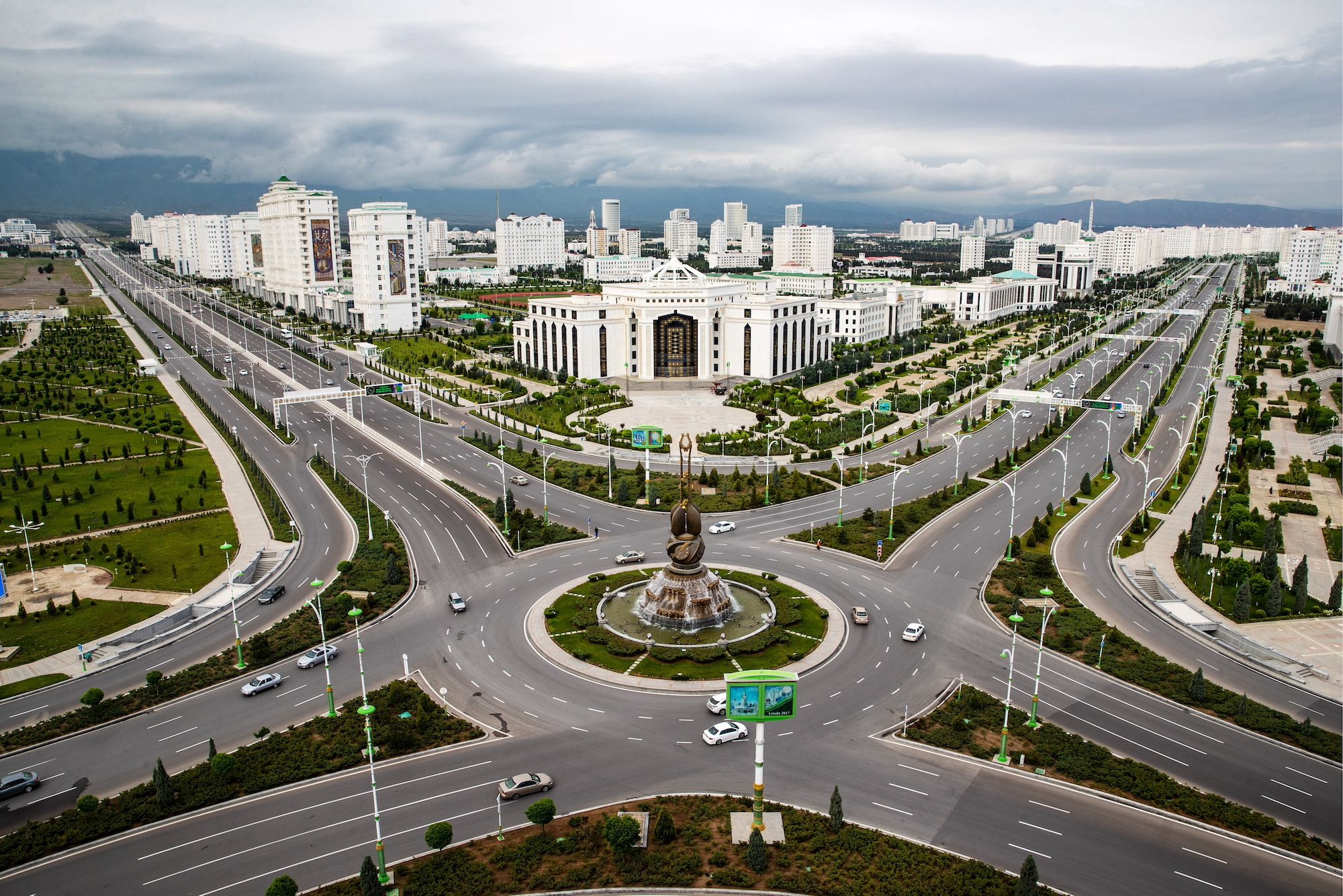 ASHGABAT, TURKMENISTAN - APRIL 30, 2018: An aerial view of the Dutar monument (front) symbolising inspiration in Turkmen art and Turkmen State Institute of Culture (back). Stanislav Krasilnikov/TASS (Photo by Stanislav Krasilnikov\TASS via Getty Images)