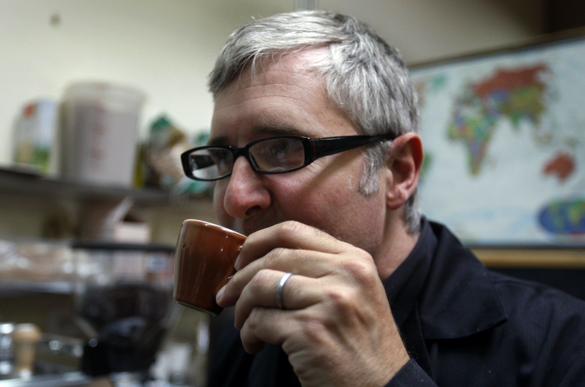 James Freeman sips an espresso at his Blue Bottle Coffee Co. roasting plant in Emeryville, Calif., on Tuesday, June 30, 2009.