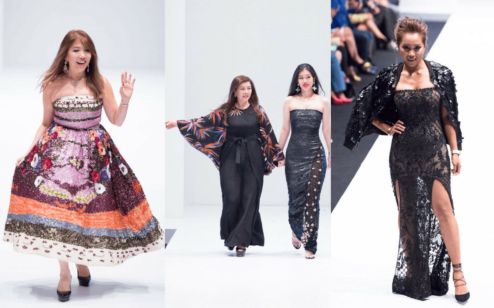 Lee Jim Leng, Dato' Flora Ong, Serena Luo and Datin Azila Caramella strutting their stuff at the Melium show. (Photo: Khairul Imran)