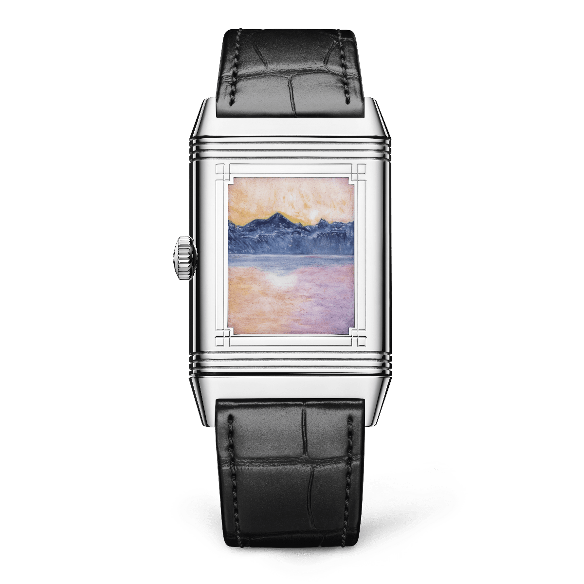 A reproduction of "Lake Geneva with Mont Blanc in the Morning Light" on a Reverso (Photo: Jaeger-LeCoultre)