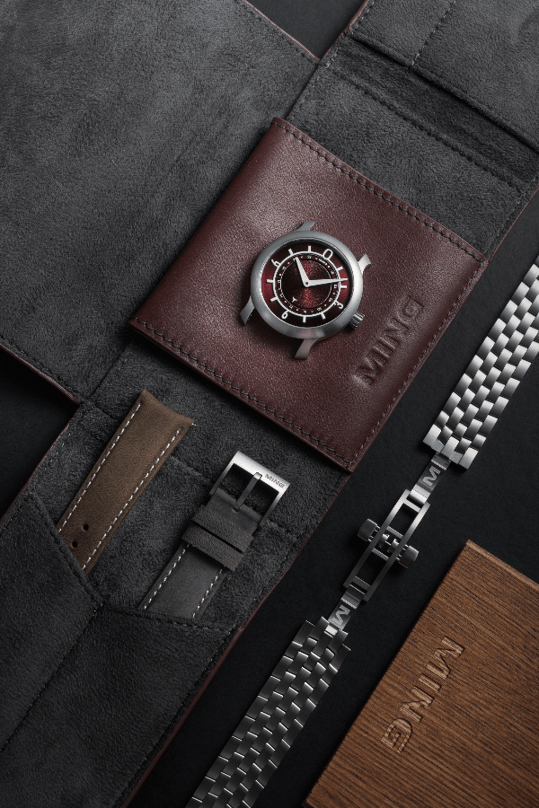 Ming Thein crafted this calf leather pouch with microfiber ultrasuede with Thirtyfour Bespoke in Kuala Lumpur and it contains a choice of straps and a bracelet for MING 17.03 GMT. (Photo: MING)
