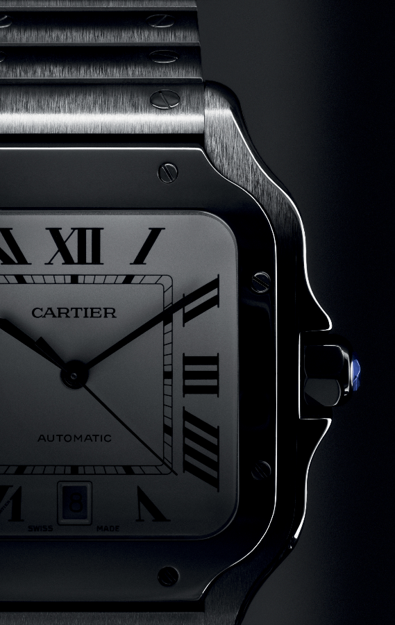 Square bezel, symmetrical lines and sapphire-set crown define the Santos model. (Photo: Cartier)