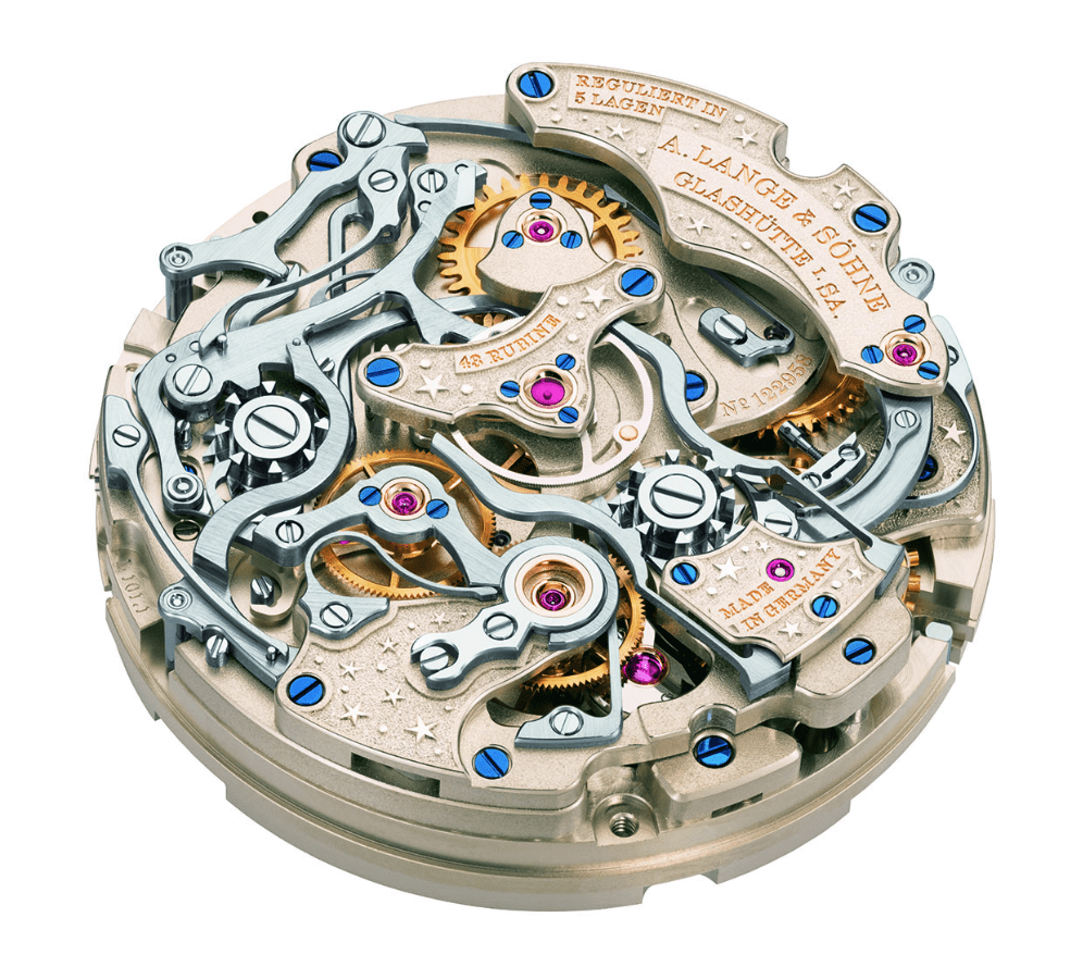 The elaborate beauty of A. Lange & Sohne's calibre L101.1 manual movement that powers the 1815 Rattraprante Perpetual Calendar Handwekskunst. (Photo: A. Lange & Sohne)