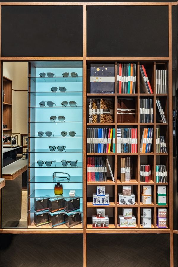 A built-in display for eyewear, fragrance, notebooks and ink