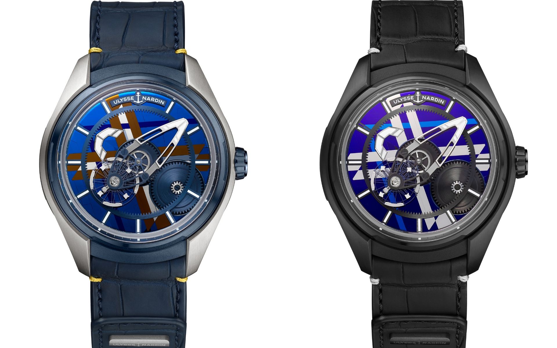 Freak X with blue (left) and purple silicium marquetry