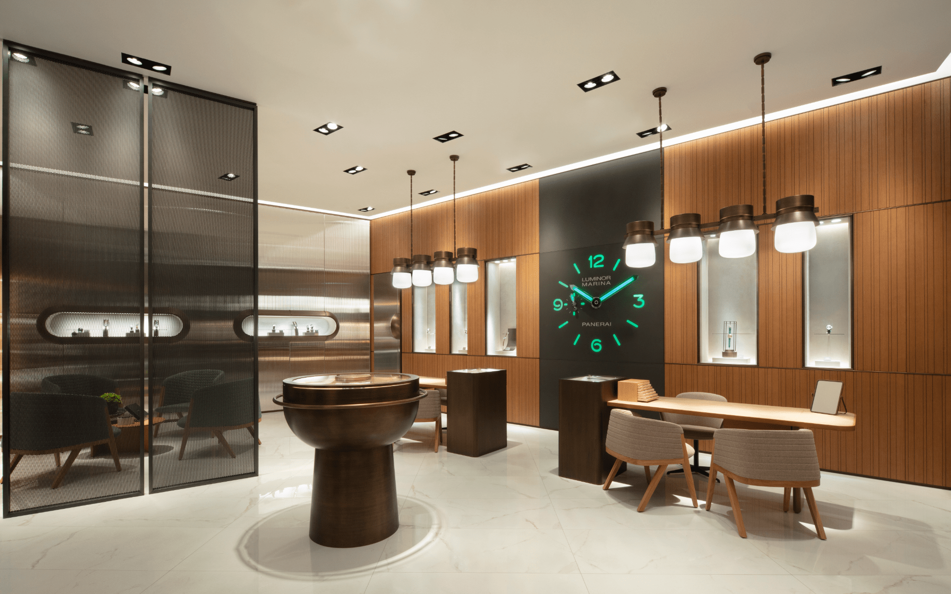 The marine dial and illuminated wall clock add a unique character to the space