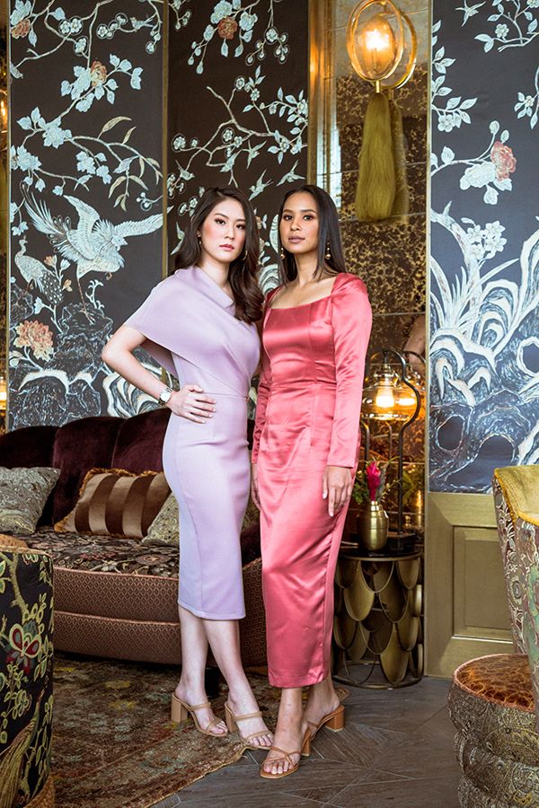 On Julie: Mauve one shoulder dress from ASOS, Caramel Karla heels from Kulet, hoop earrings from Lovisa. On Aina: Earrings by Wanderlust + Co, custom-made dress by LANA, Elora heeled sandal in tan from Kulet (Photo credit: Khairul Imran)