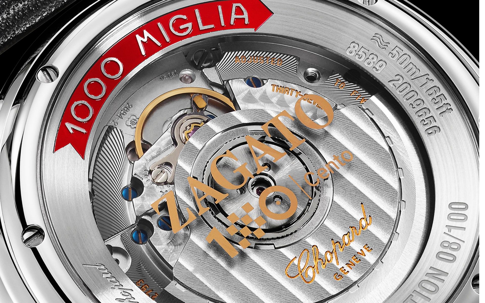 The sapphire caseback is printed with the Zagato 100th Anniversary logo