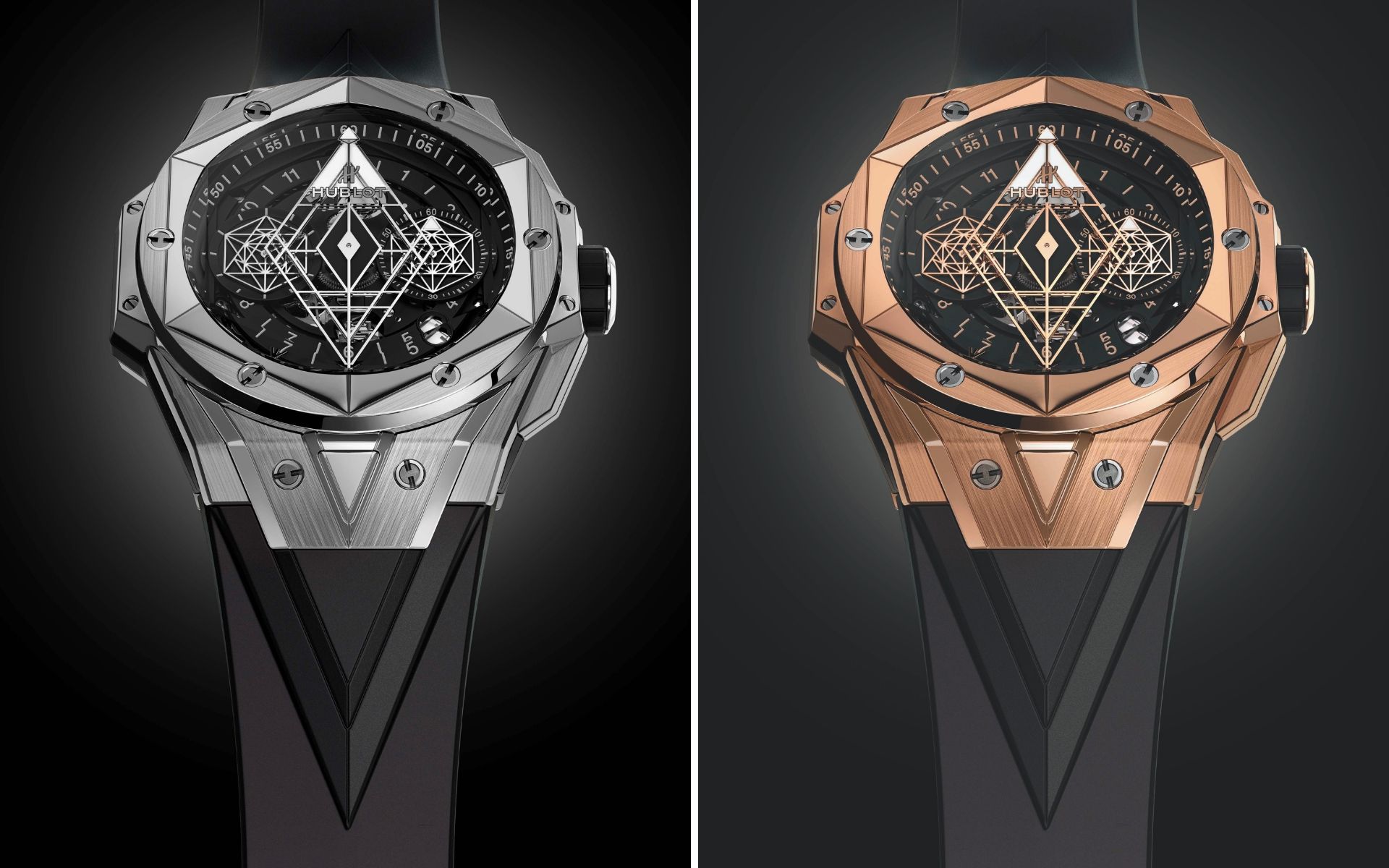 Big Bang Sang Bleu II in titanium (left) and King Gold