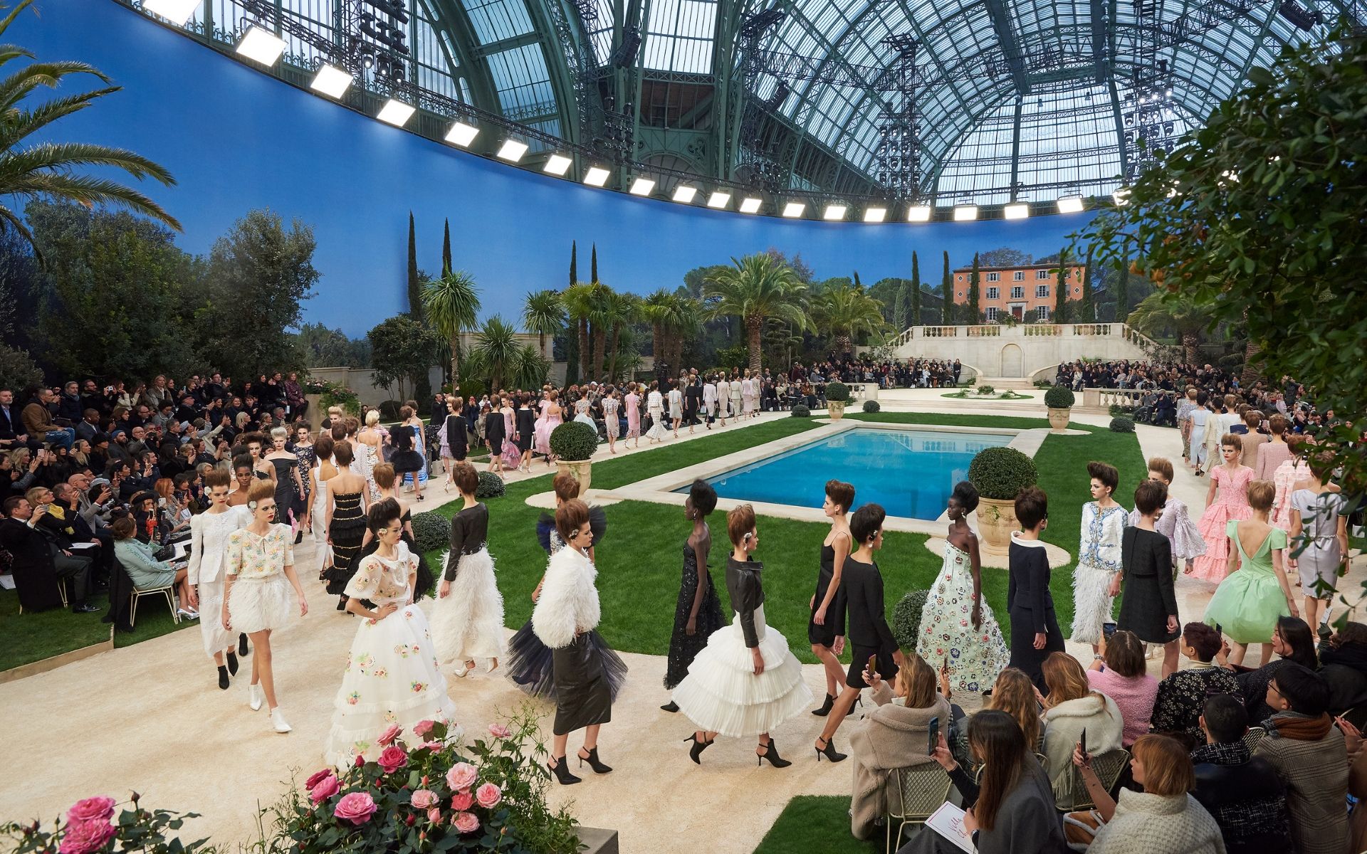 The iconic Grand Palais is converted into the serene poolside of a Mediterranean mansion (Photo credit: Chanel)