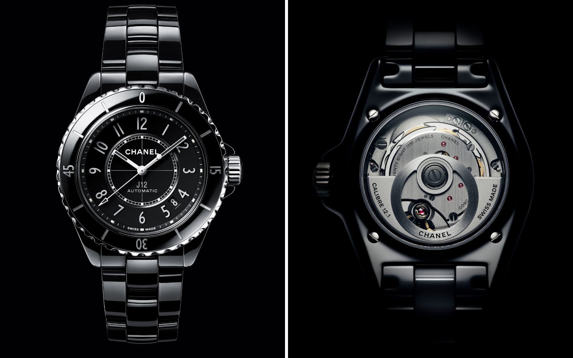 Black ceramic with an open caseback revealing the new Caliber 12.1