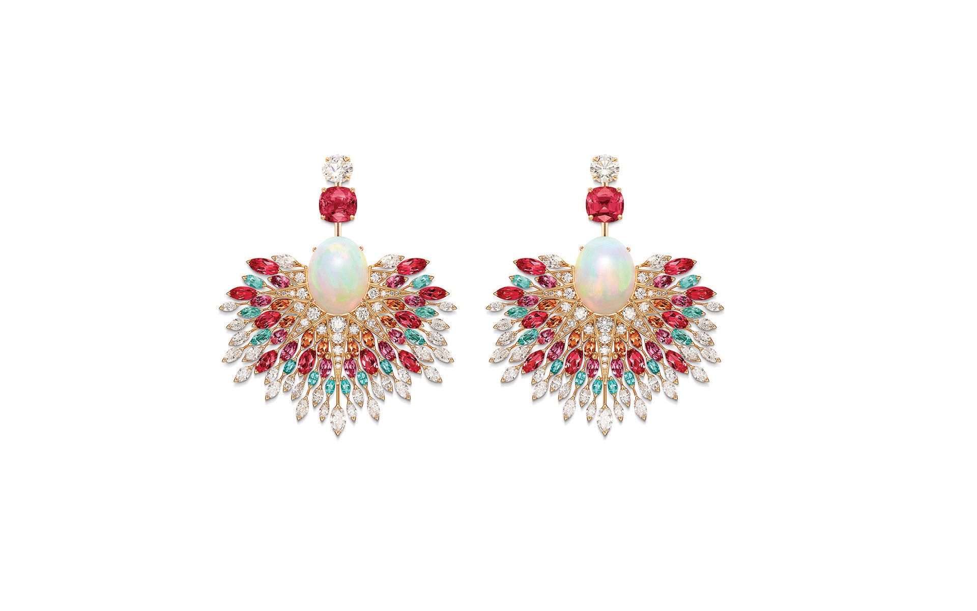 Piaget Sunlight Escape earrings in pink gold set with red and pink spinels, Paraiba tourmalines, spessartite garnets, pink sapphires, white opal beads and diamonds