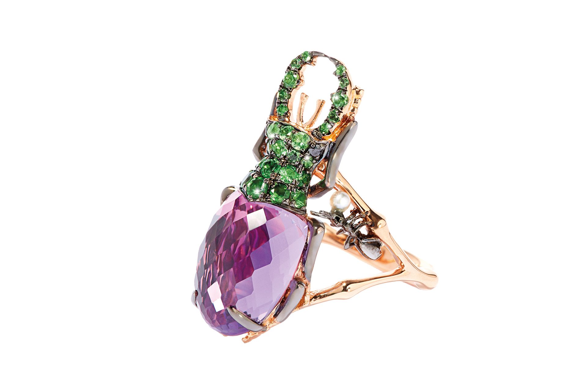 Annoushka Beetle ring in rose gold set with amethyst, tsavorite, freshwater pearl and diamonds