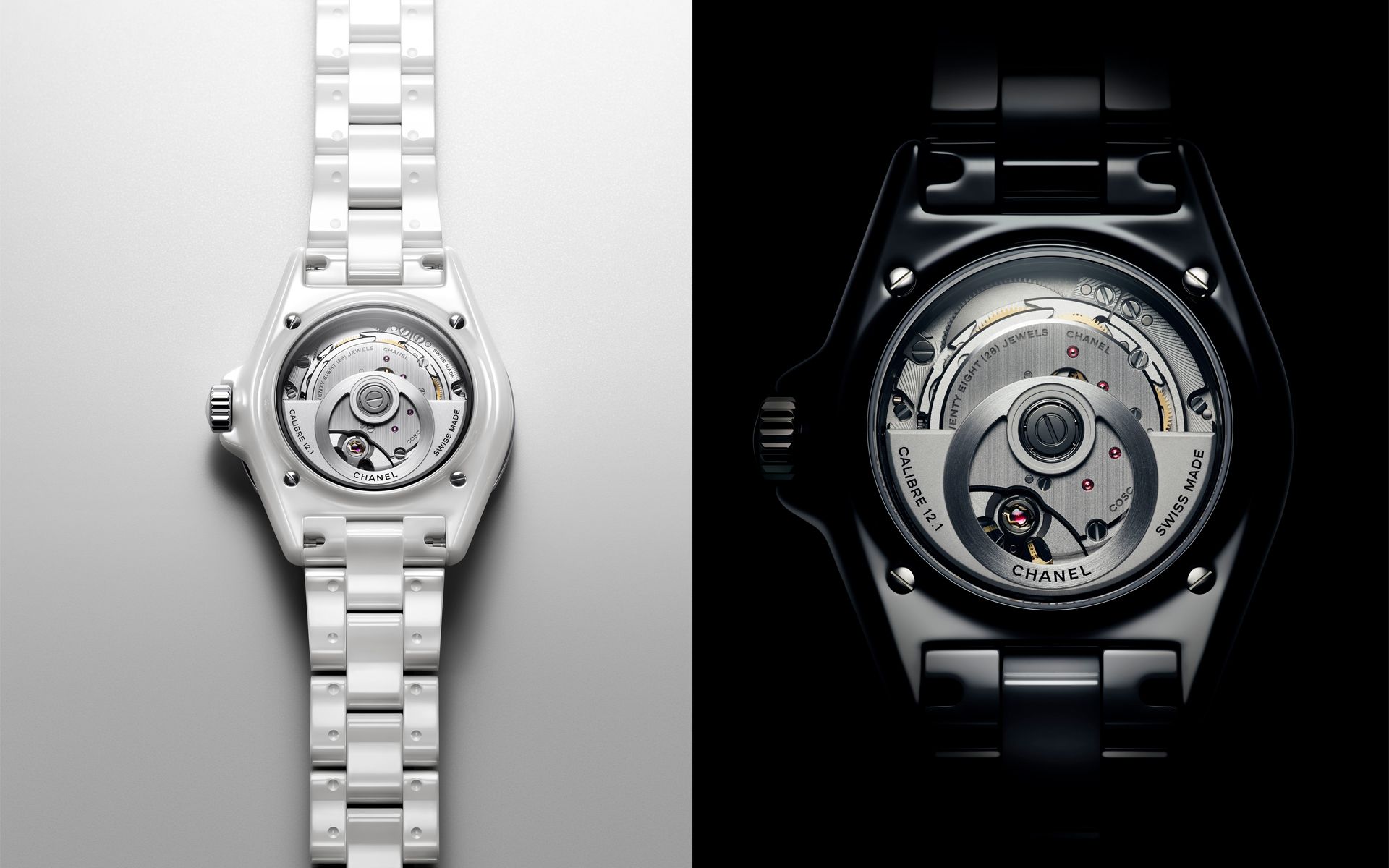 A closer look a the open backed crystal feature, revealing an exclusively-designed 12.1 caliber automatic movement.