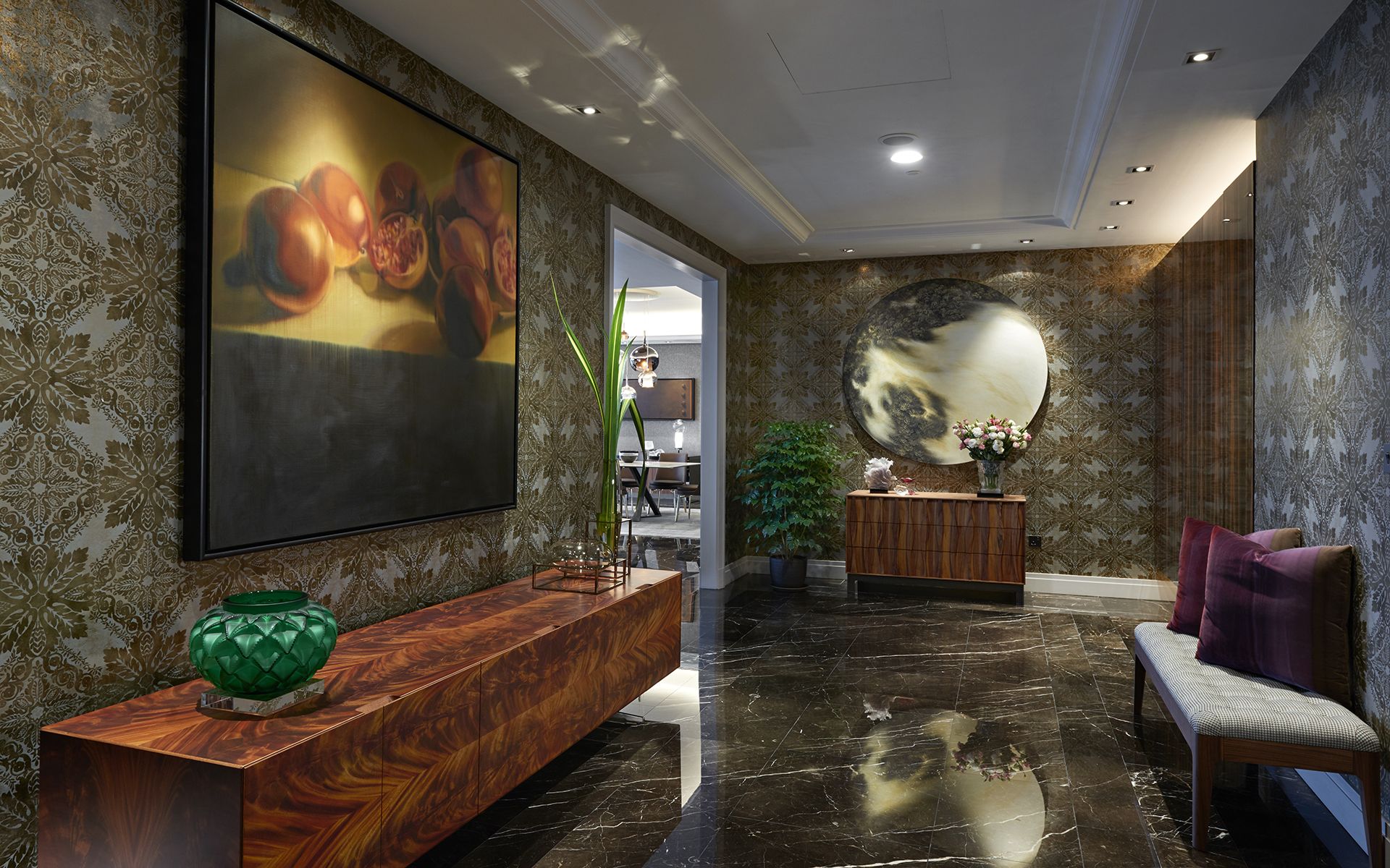 The foyer features paintings that reflect of the owner's love of art