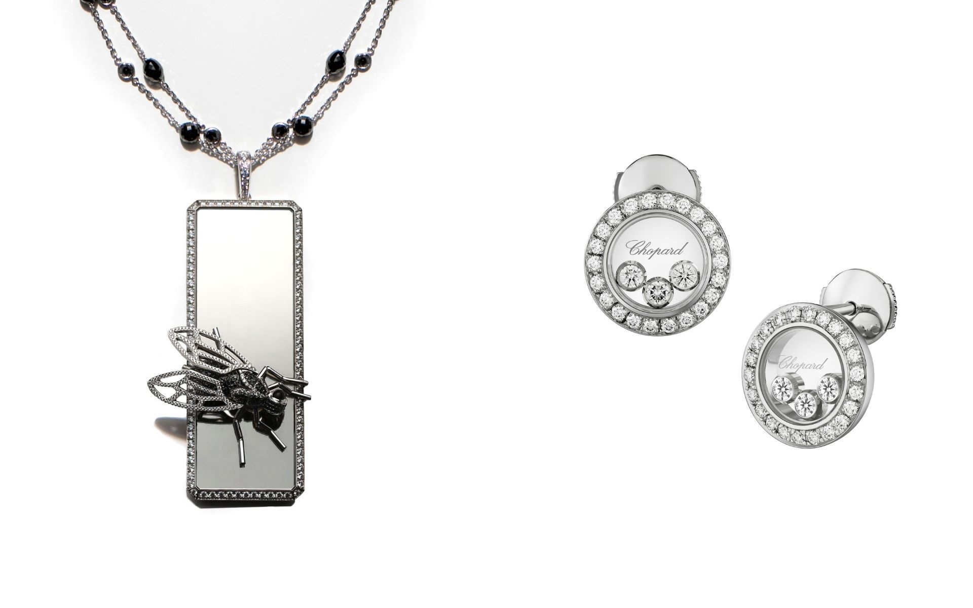 Animal World 18k white gold necklace set with black diamonds, brilliant-cut diamond and onyx cabochons.(left) and Happy Diamonds 18k white gold earrings set with diamonds and three mobile diamonds