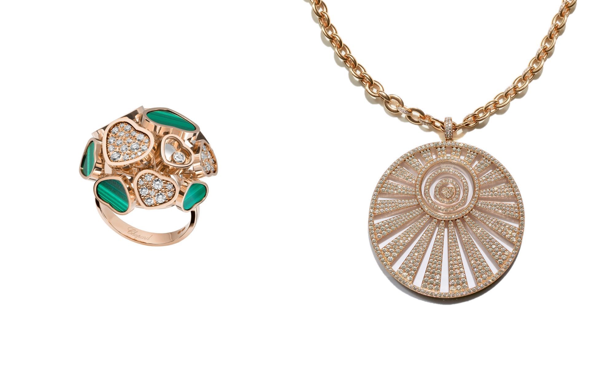Happy Hearts 18k rose gold ring set with malachite, diamonds and a dancing diamond (left) and Happy Spirit 18k rose gold pendant fully set with diamonds