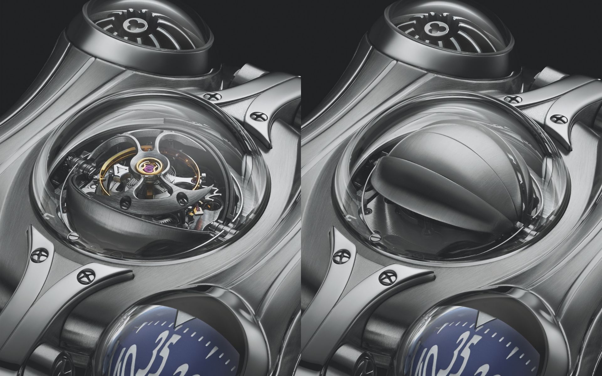 A close=up of the retractable shield for the tourbillon