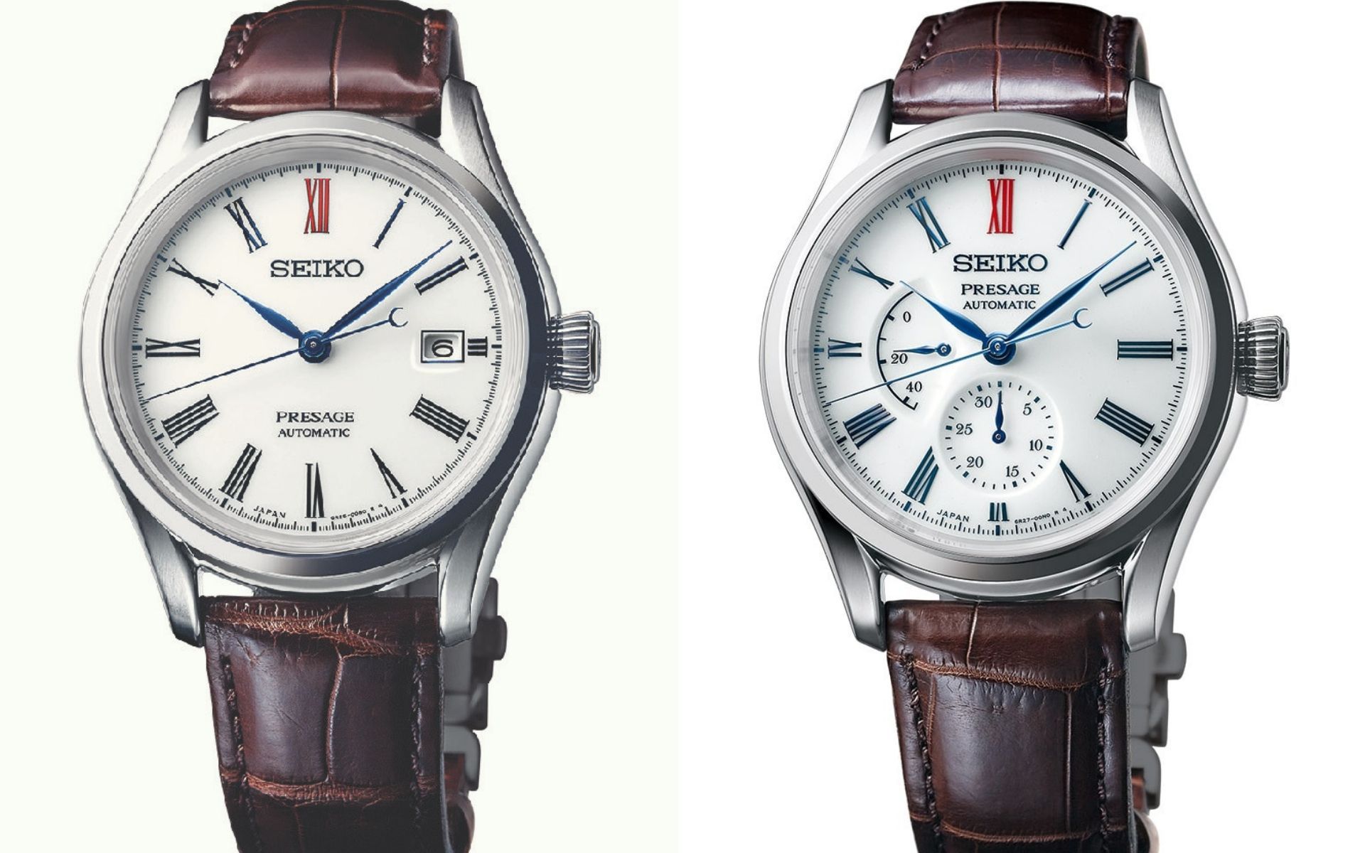 The duo of Presage watches with Arita porcelain dials
