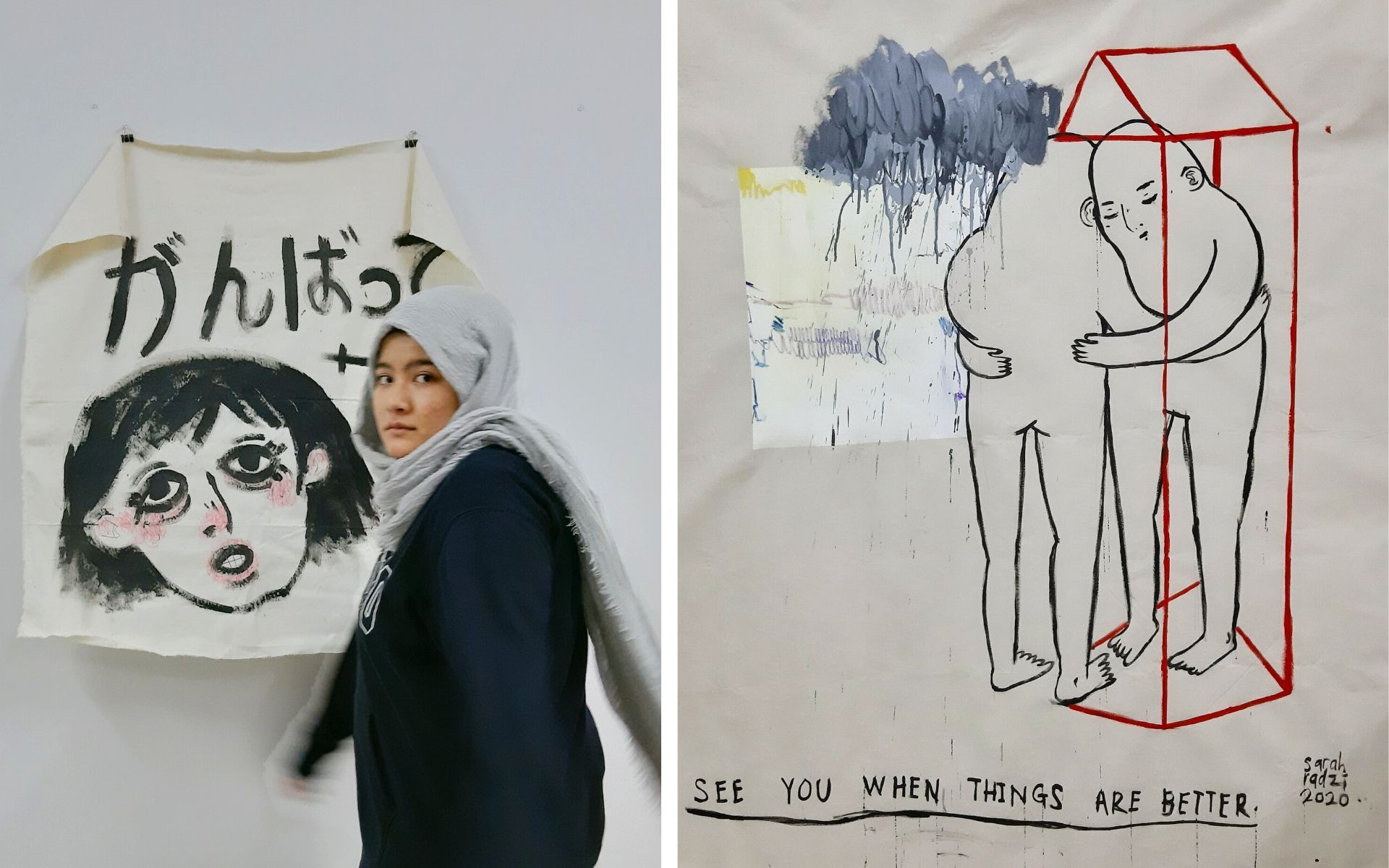 (Left) Sarah Radzi. (Right) Radzi's artwork during the MCO (Swipe left for more sketches by Sarah Radzi)