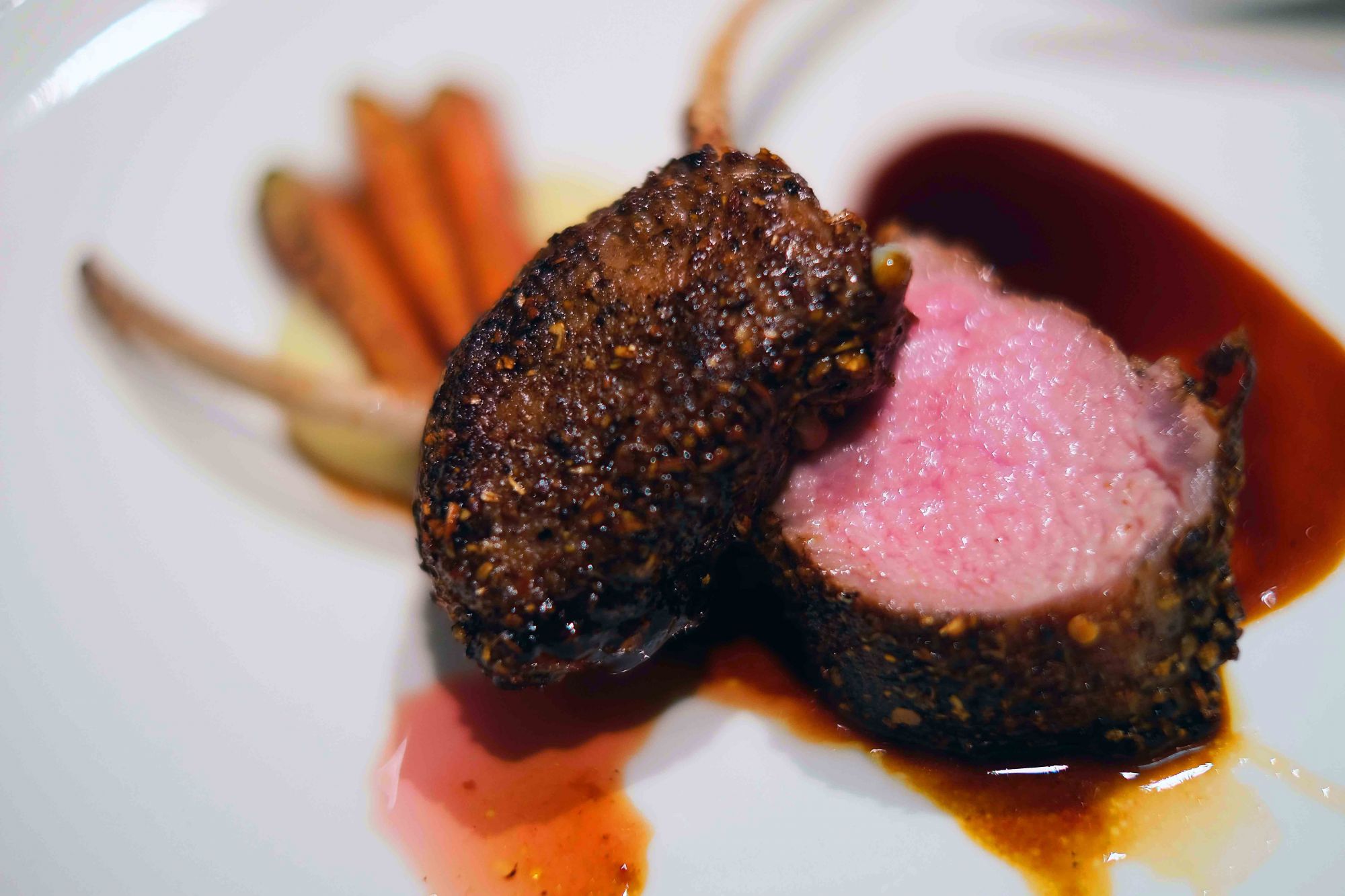 Iberico Lamb Chops, Comte Mash, Spiced Jus & Charred Carrots