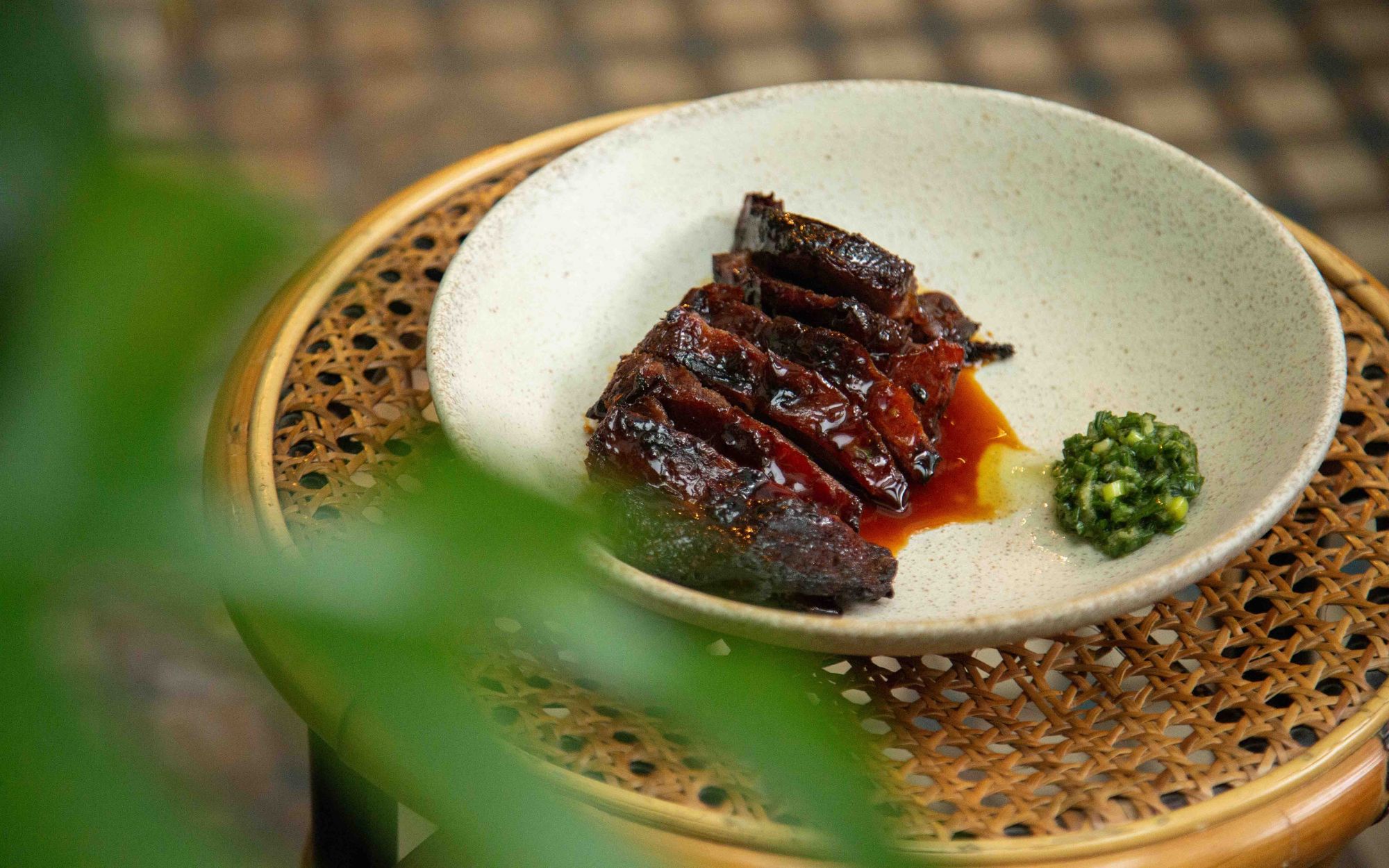 Goat shoulder char siu with spring onion & ginger relish