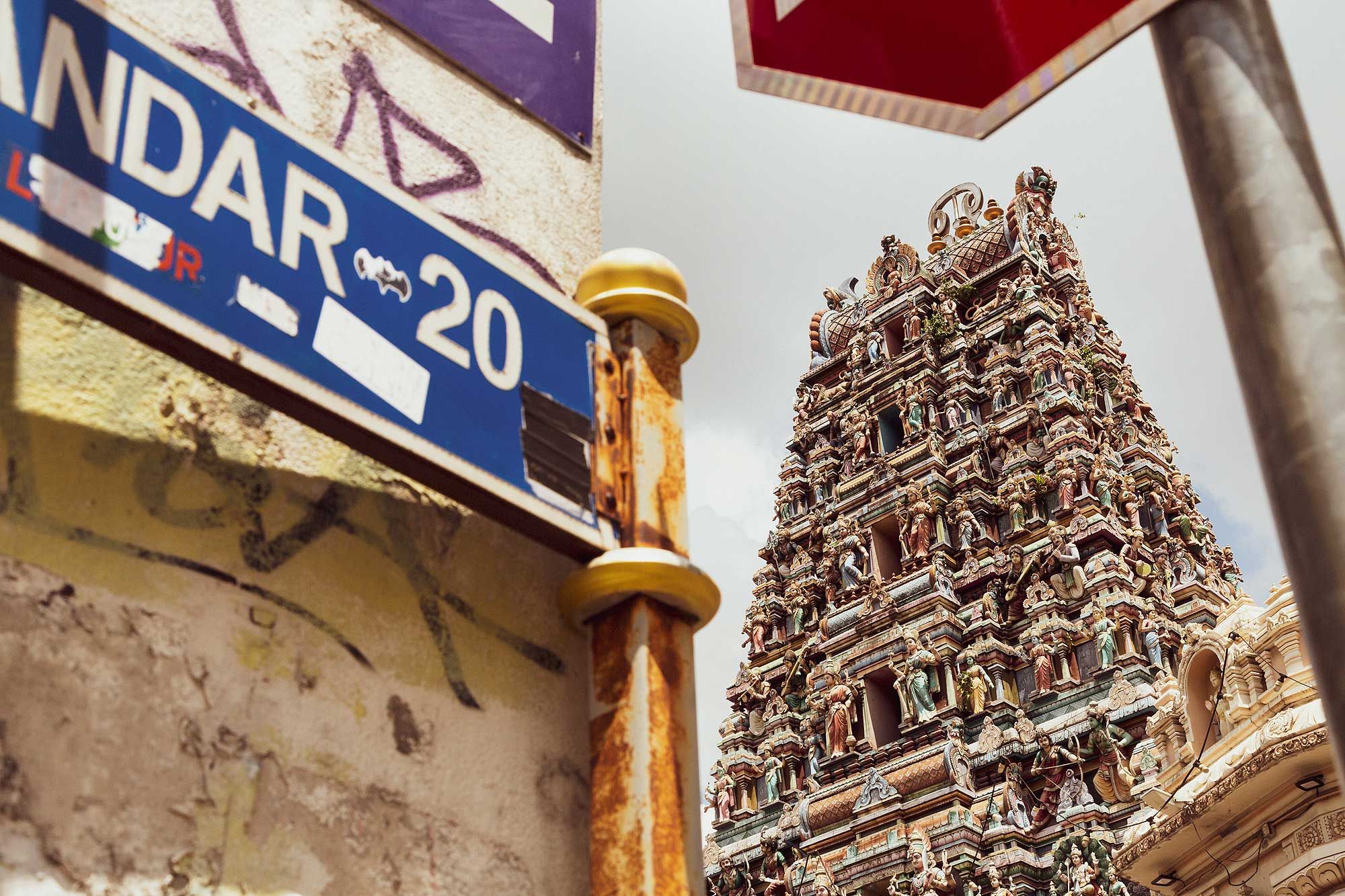 The raja gopuram (monumental tower) of Sri Mahamariamman Temple