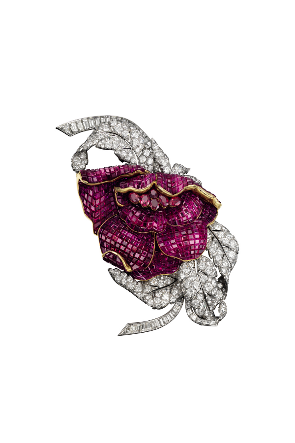 Maria Callas Cinq feuilles clip with diamonds and rubies, 1967