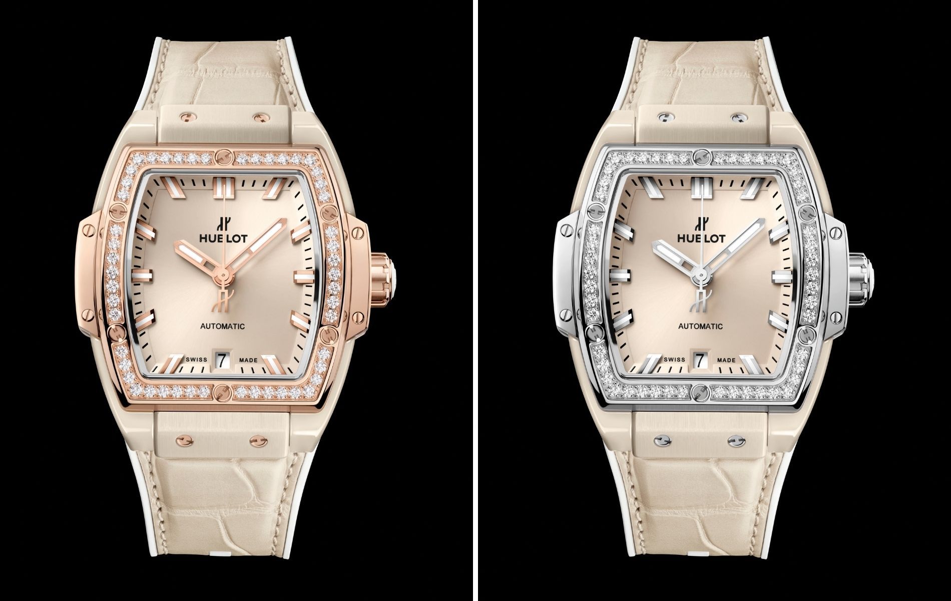 Hublot Spirit of Big Bang Ceramic Beige with diamond-set King Gold bezel (left) and titanium bezel