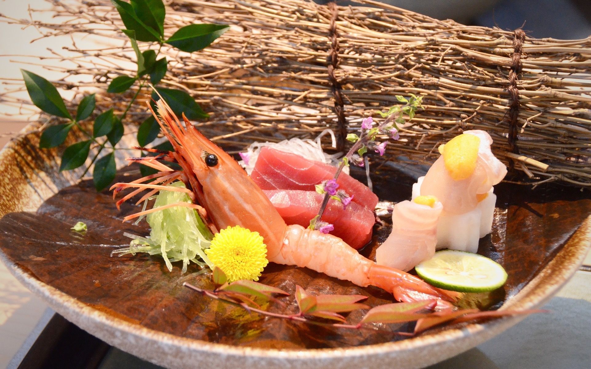 Sashimi Selection of Button Shrimp, Tuna and Flounder roll with Sea Urchin
