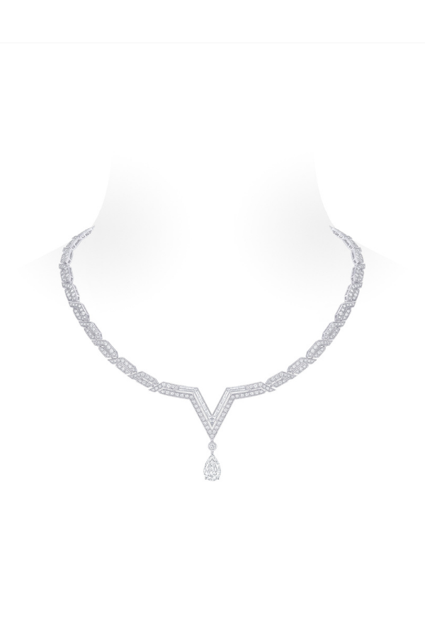 This Pure V white gold necklace is set with brilliant-cut diamonds and features a 2-carat pear-shaped diamond (Photo: Louis Vuitton)