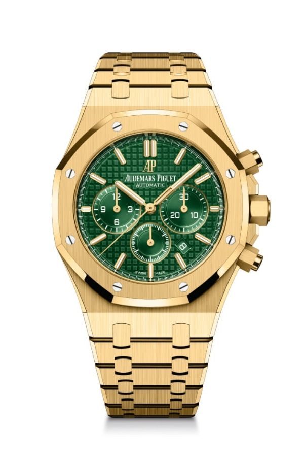 Royal Oak Selfwinding Chronograph in 18k yellow gold with green "grande tapisserie" dial. Limited to 125 pieces.