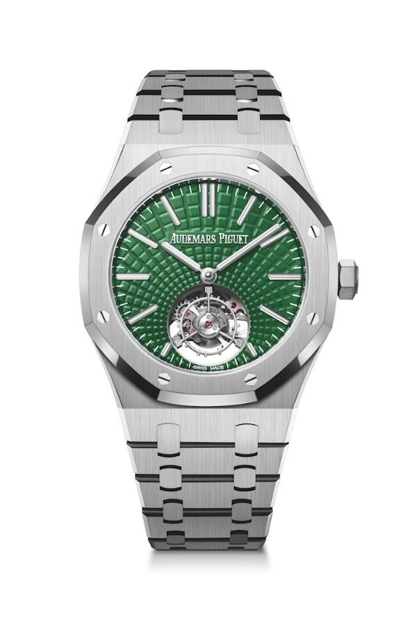 Royal Oak Selfwinding Flying Tourbillon in titanium with green sunburst tapisserie dial. Limited to 50 pieces.