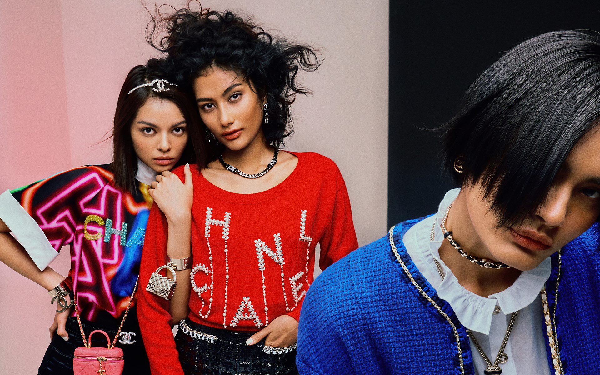 From left to right: Natalie Prabha, Shikin Gomez and Nia Atasha; outfit and accessories by Chanel
