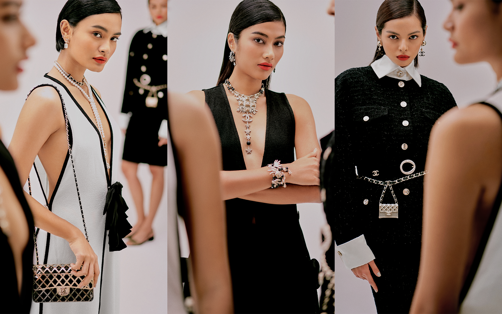 From left to right: Nia Atasha, Shikin Gomez and Nia Atasha; outfit and accessories by Chanel