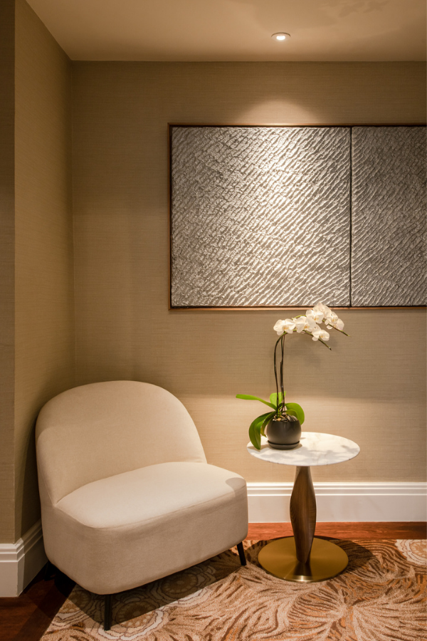 A serene corner in the master bedroom features Nazrul Hamzah's Stochasticity #2 (Within Constrain, PreConceived) and elegant pieces by Rozel and Chic Est (Photo: David Yeow Photography)
