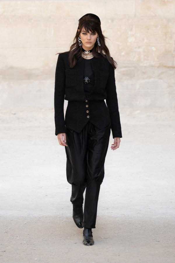 All black: The cropped jacked and cinched waist brings shape to this dark number
