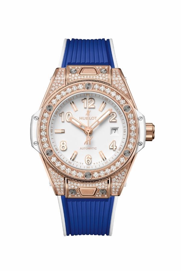 Big Bang One Click 33mm in King Gold with pave diamonds and blue rubber strap