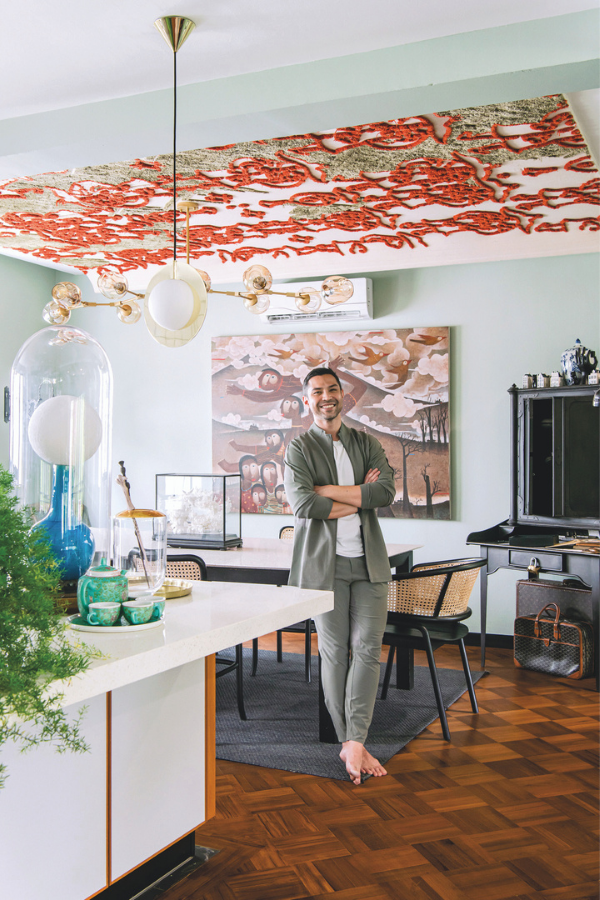Omar Khan in his new home studio beneath his ceiling mounted My Little Napoleon rug (Photo: David Yeow Photography)
