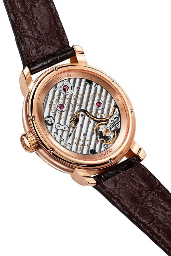 The caseback reveals the highly decorative bridges of the L.U.C 98.06-L movement