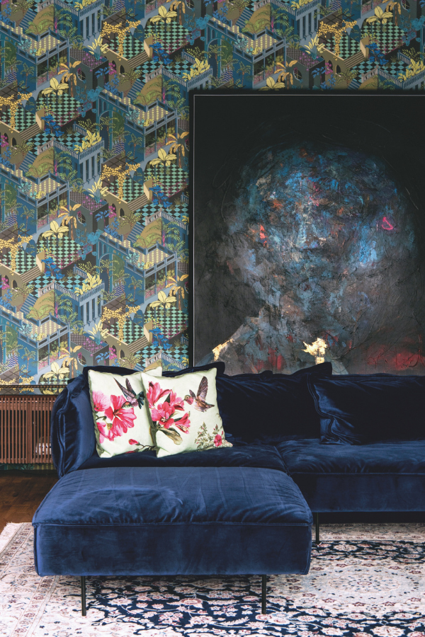 The family room is lush in colours and textures