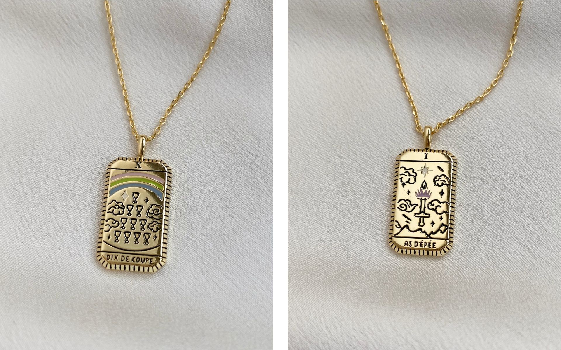 Dix de Coupe (Ten of Cups) Gold Tarot Necklace and As D’épée (Ace of Swords) Gold Tarot Necklace, available June 22