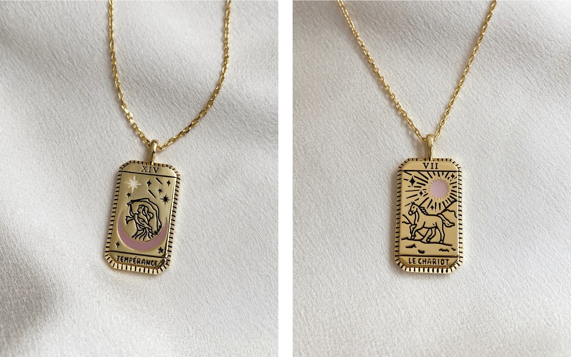Tempérance (Temperance) Gold Tarot Necklace and Le Chariot (The Chariot) Gold Tarot Necklace, available July 1