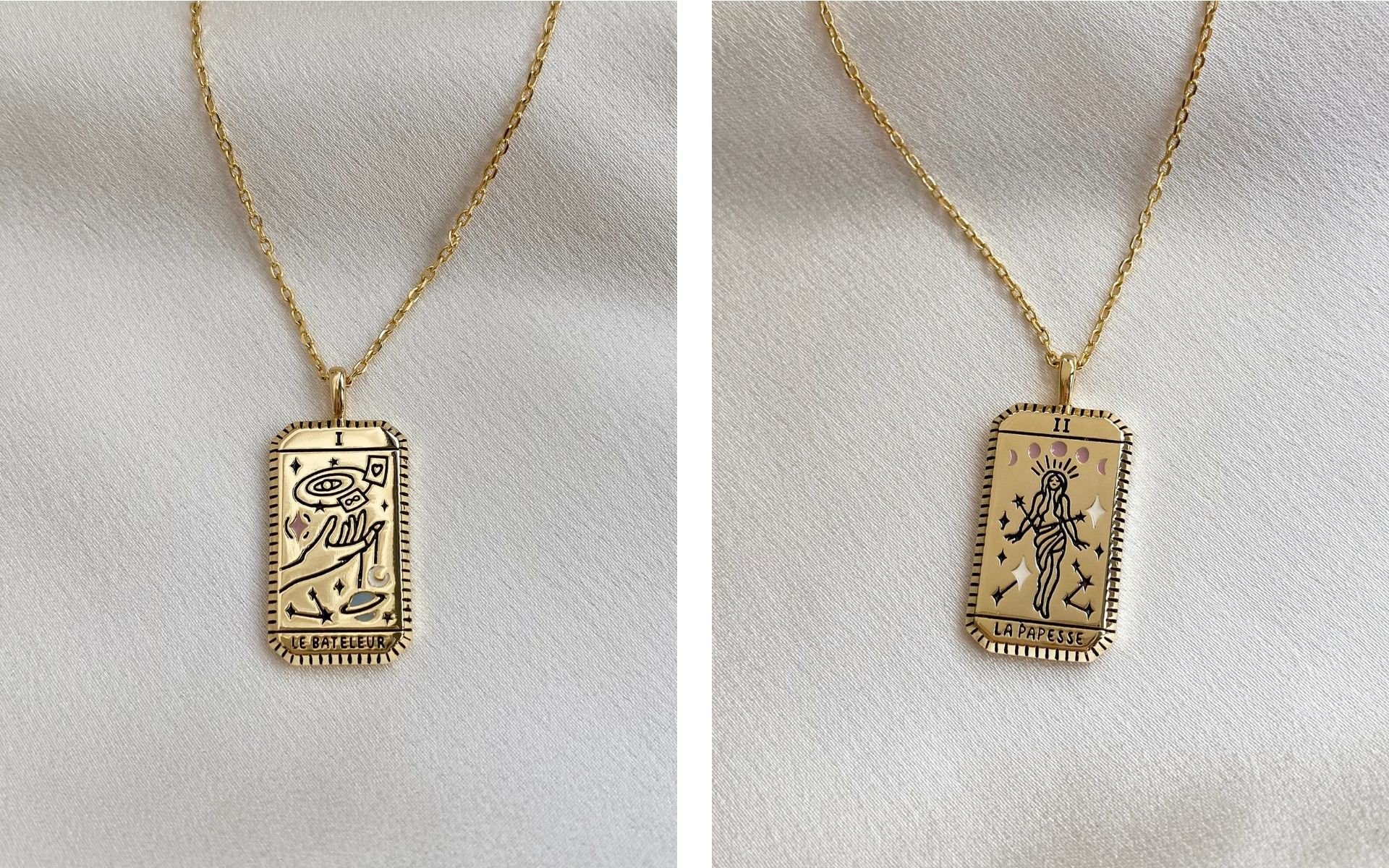 Le Bateleur (The Magician) Gold Tarot Necklace and La Papesse (The High Priestess) Gold Tarot Necklace, available June 22