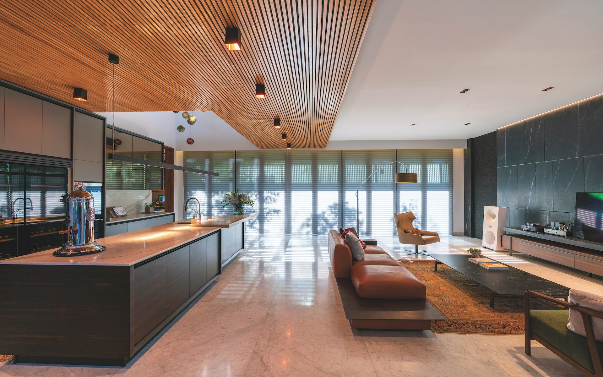 Wooden detailing on the ceiling in Teresa's house adds interest and warmth