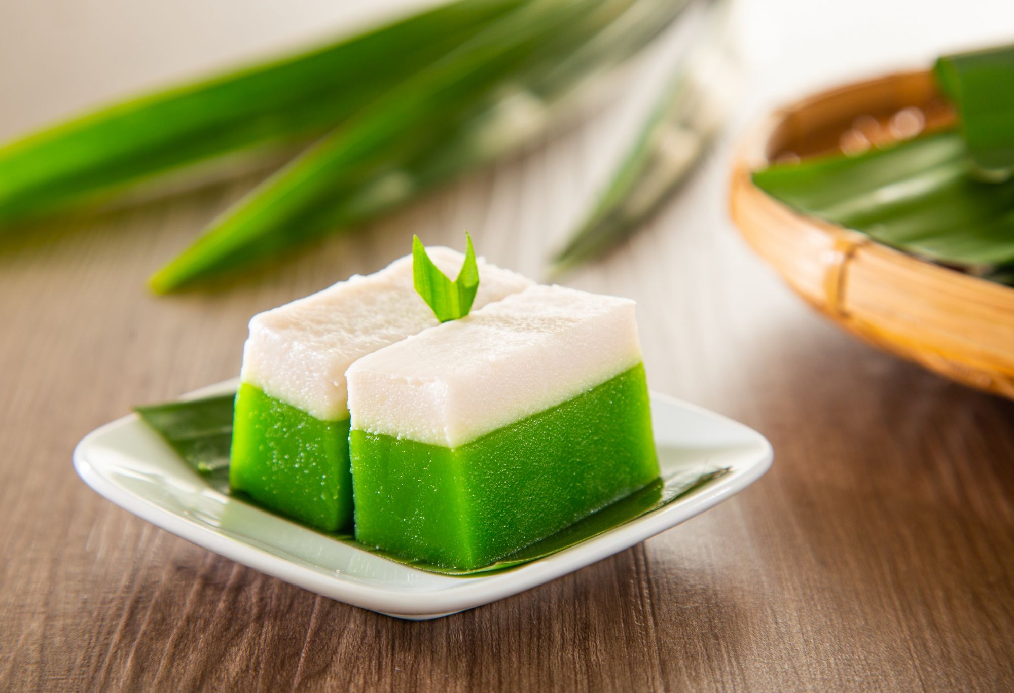 Kuih seri muka is made from one layer of glutinous rice, and one layer of custard with pandan juice