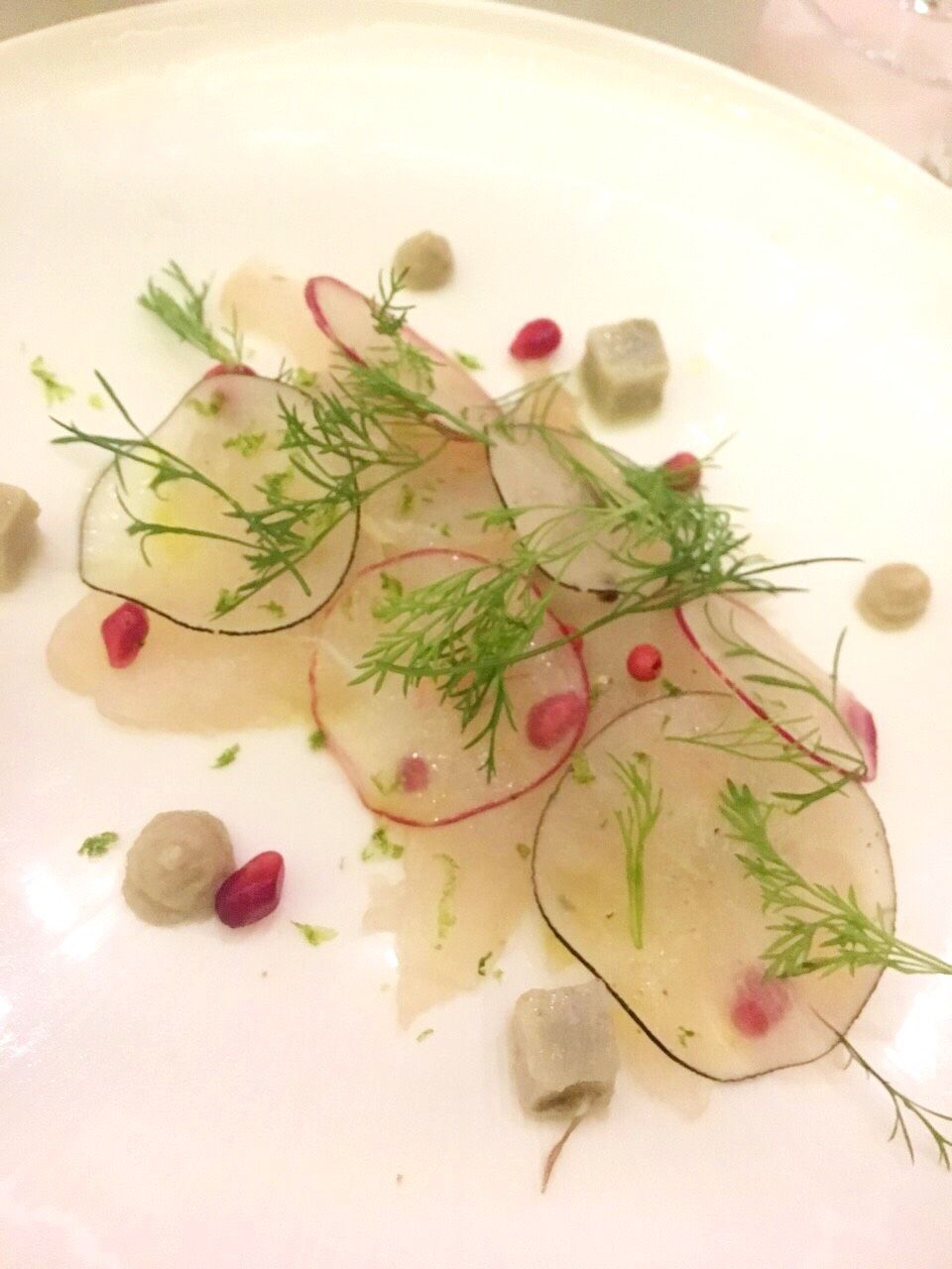 Sea Bass Carpaccio, Red and Black Radish, Artichoke Cream, Cucumber Jelly, Celeriac, Remoulade, Banana Blossom, Veal Tongue, Vinaigrette, Pic